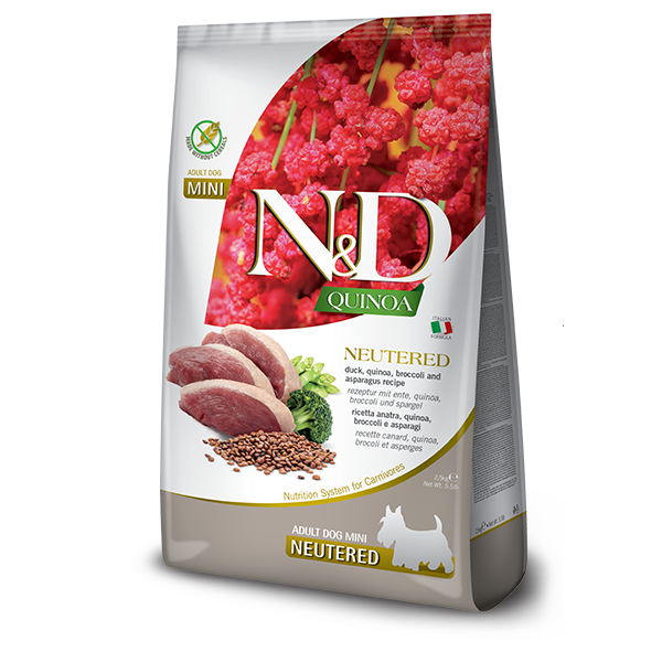 FARMINA Фарміна  N&D QUINOA DUCK, BROCCOLI & ASPARAGUS NEUTERED для стерилізованих. собак дрібних порід, качка, кіноа, броколі та спаржа, 2,5 kg  179484 фото