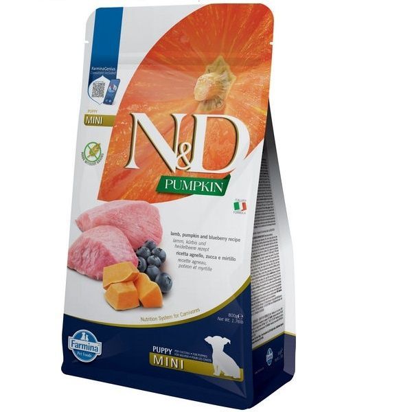 N&D GRAIN FREE PUMPKIN DOG LAMB & BLUEBERRY PUPPY MINI 800 GR Беззерновий сухий корм для цуценят дрібних порід (гарбуз / ягня / чорниця), 800 гр 33185 фото