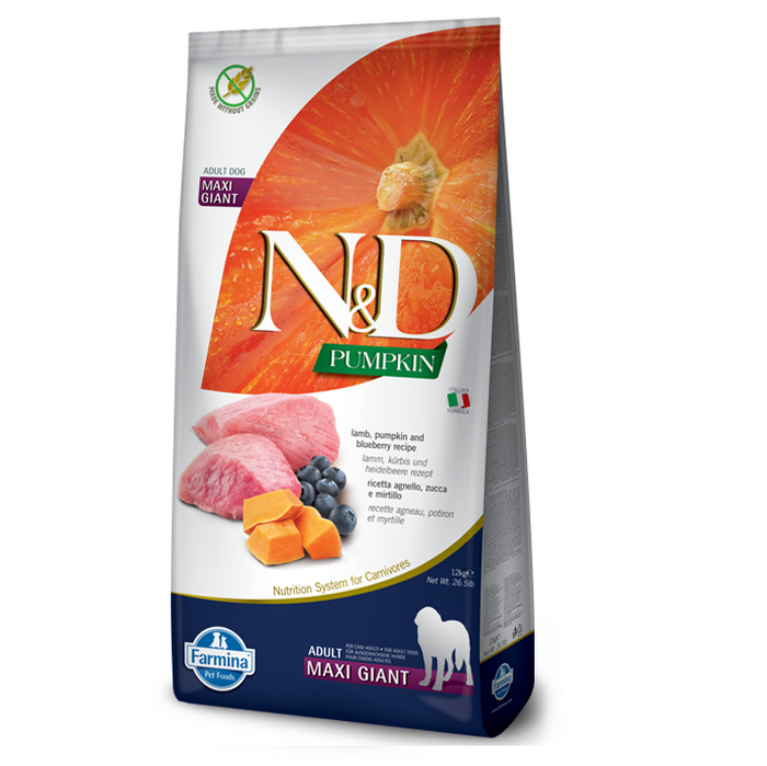 N&D GRAIN FREE PUMPKIN DOG LAMB & BLUEBERRY ADULT GIANT MAXI 12 KG Беззерновой сухий корм для собак великих і гігантських порід (гарбуз / ягня / чорниця), 12 кг 40183 фото
