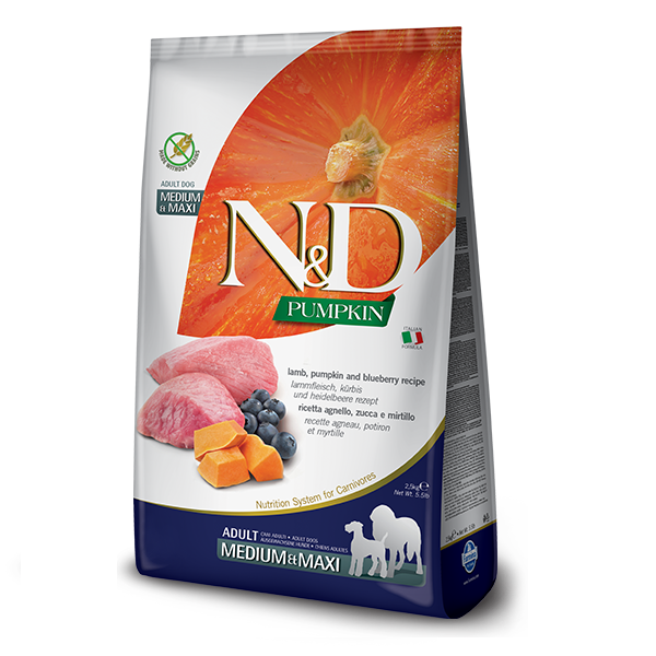 N&D GRAIN FREE PUMPKIN DOG LAMB & BLUEBERRY ADULT MEDIUM & MAXI 2,5 KG Беззерновий сухий корм для собак средніхі та великих порід (гарбуз / ягня / чорниця), 2,5 кг 33284 фото