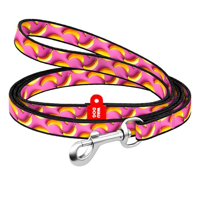 Повідець для котів та дрібних порід собак нейлоновий WAUDOG Nylon, малюнок "Банани на рожевому", XS, Ш 10 мм, Дов 122 см 369-4055 фото