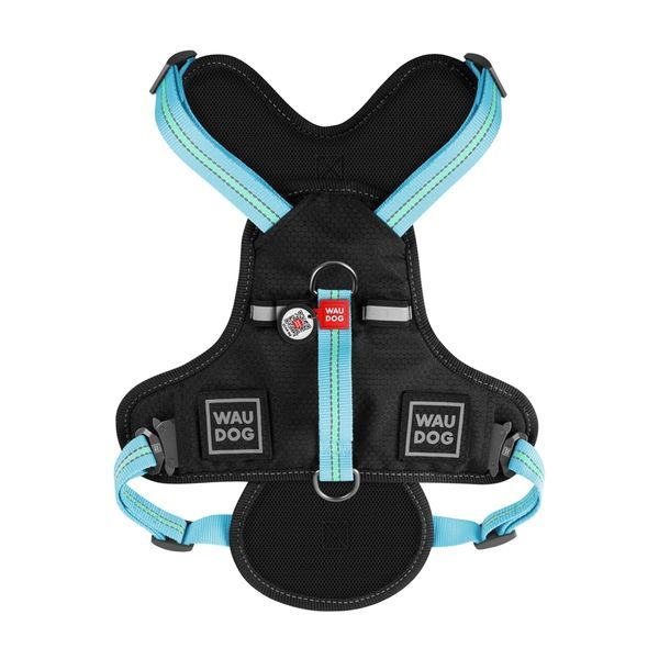 Шлея для собак безпечна WAUDOG Nylon з QR паспортом, металічна пряжка-фастекс, M, Ш 20 мм, А 45-70 см, В 60-80 см блакитний 52492 фото
