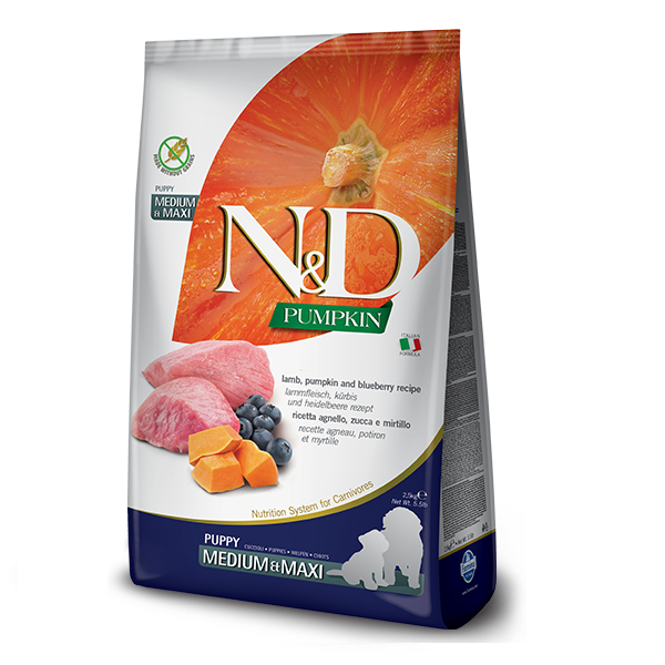 N&D GRAIN FREE PUMPKIN DOG LAMB & BLUEBERRY PUPPY MEDIUM & MAXI 2,5 KG Беззерновий сухий корм для цуценят середніх та великих порід (гарбуз / ягня / чорниця), 2,5 кг 33246 фото