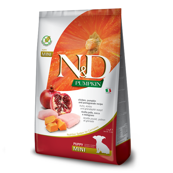 N&D GRAIN FREE PUMPKIN DOG CHICKEN & POMEGRANATE PUPPY MINI 2,5 kg Беззерновий сухий корм для цуценят дрібних порід(гарбуз/курка/гранат), 2.5 кг 38722 фото
