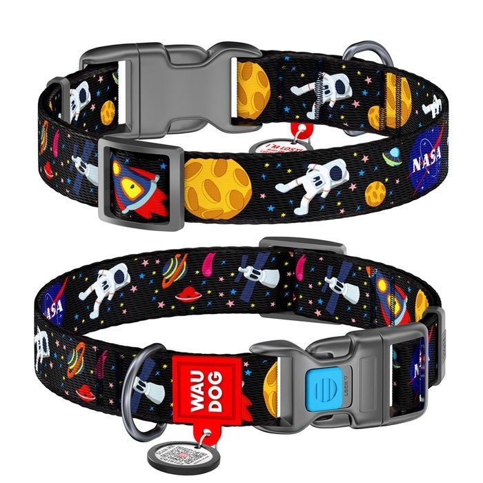 Нашийник для собак нейлоновий WAUDOG Nylon з QR паспортом, малюнок "NASA", пластиковий фастекс, Ш 20 мм, Дов 28-40 см 4734 фото
